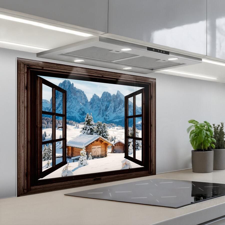 KitchenYeah Spatscherm 80x60 cm Zelfklevende achterwand Doorkijk Winter Landschap Huisje Bergen Keuken muurbeschermer Spatwand fornuis - Foto 1
