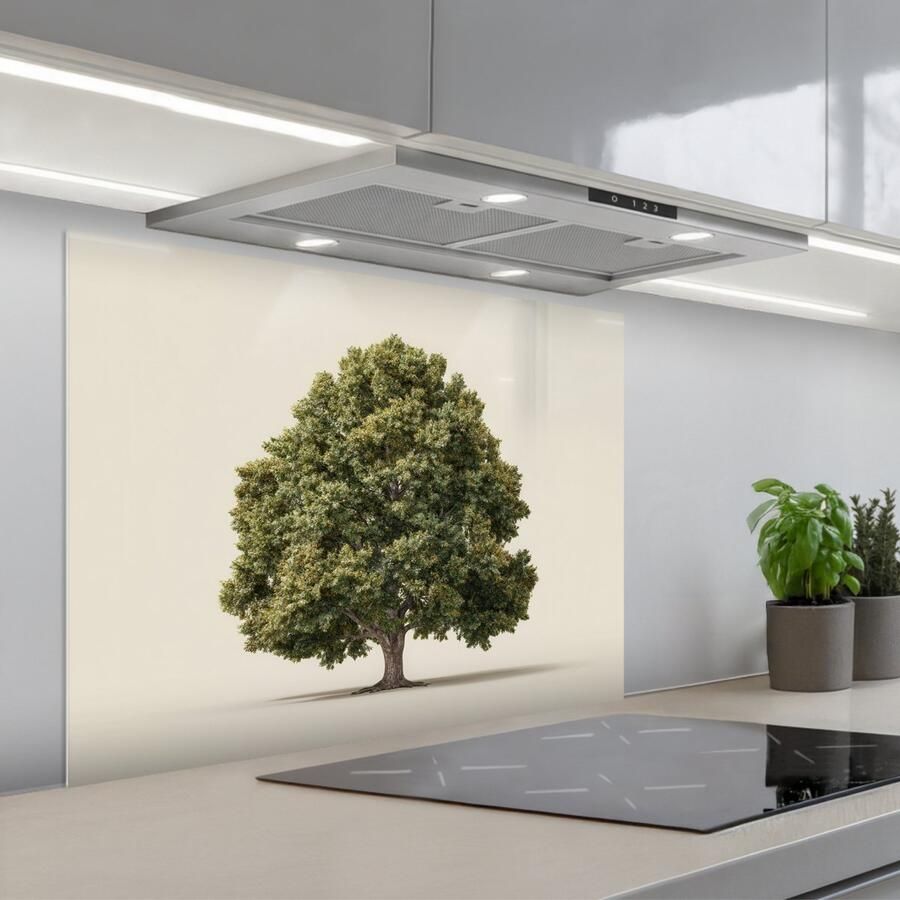 KitchenYeah Spatscherm 80x60 cm Zelfklevende achterwand Eikenboom Groen Lichte achtergrond Keuken muurbeschermer Spatwand fornuis