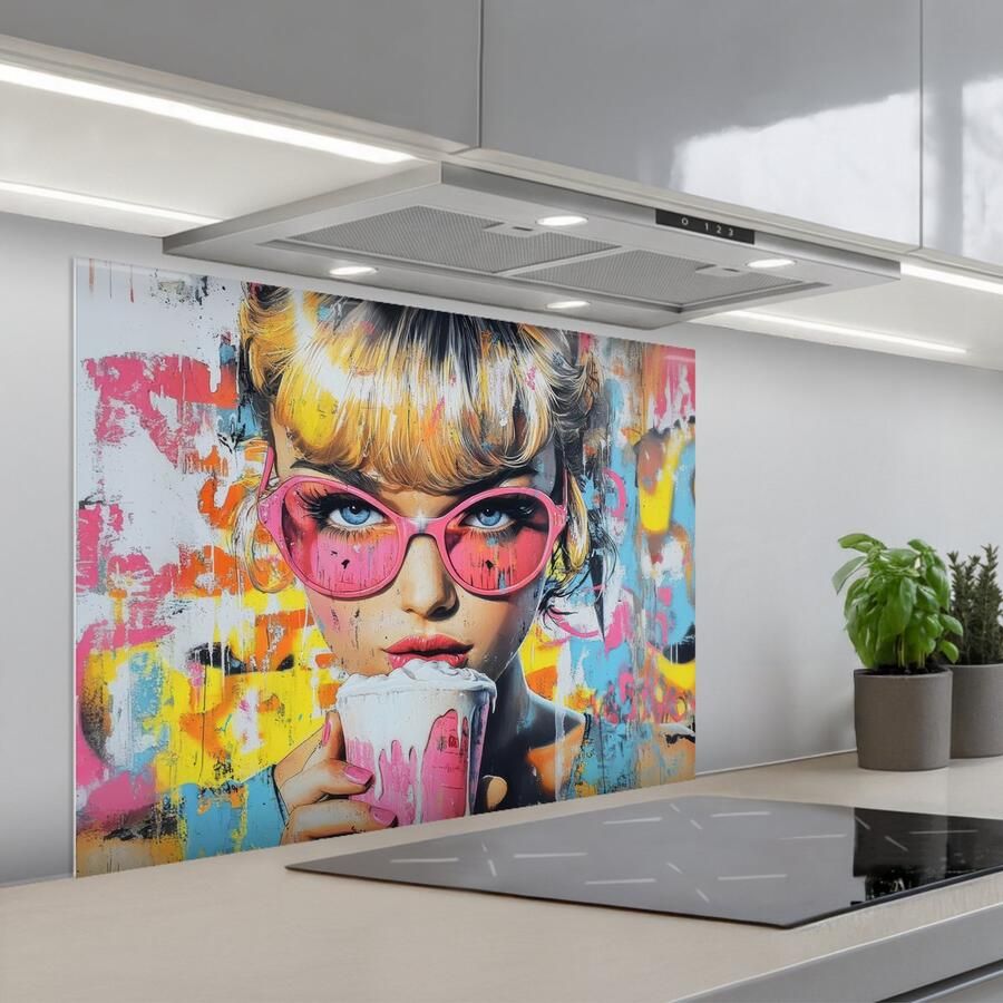 KitchenYeah Spatscherm 80x60 cm Zelfklevende achterwand Expressief Milkshake Vrouw Felle kleuren Keuken muurbeschermer Spatwand fornuis