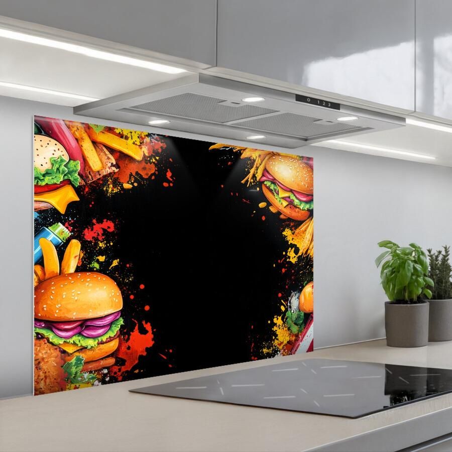 KitchenYeah Spatscherm 90x70 cm Zelfklevende achterwand Fastfood Graffiti Hamburger Eten Modern Keuken muurbeschermer Spatwand fornuis