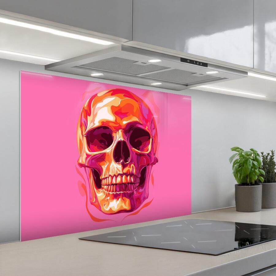 KitchenYeah Spatscherm 80x60 cm Zelfklevende achterwand Felroze Tanden Schedel Keuken muurbeschermer Spatwand fornuis