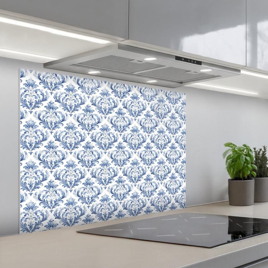 KitchenYeah Spatscherm 80x60 cm Zelfklevende achterwand Frans Citroen Royaal Blauw Wit Keuken muurbeschermer Spatwand fornuis