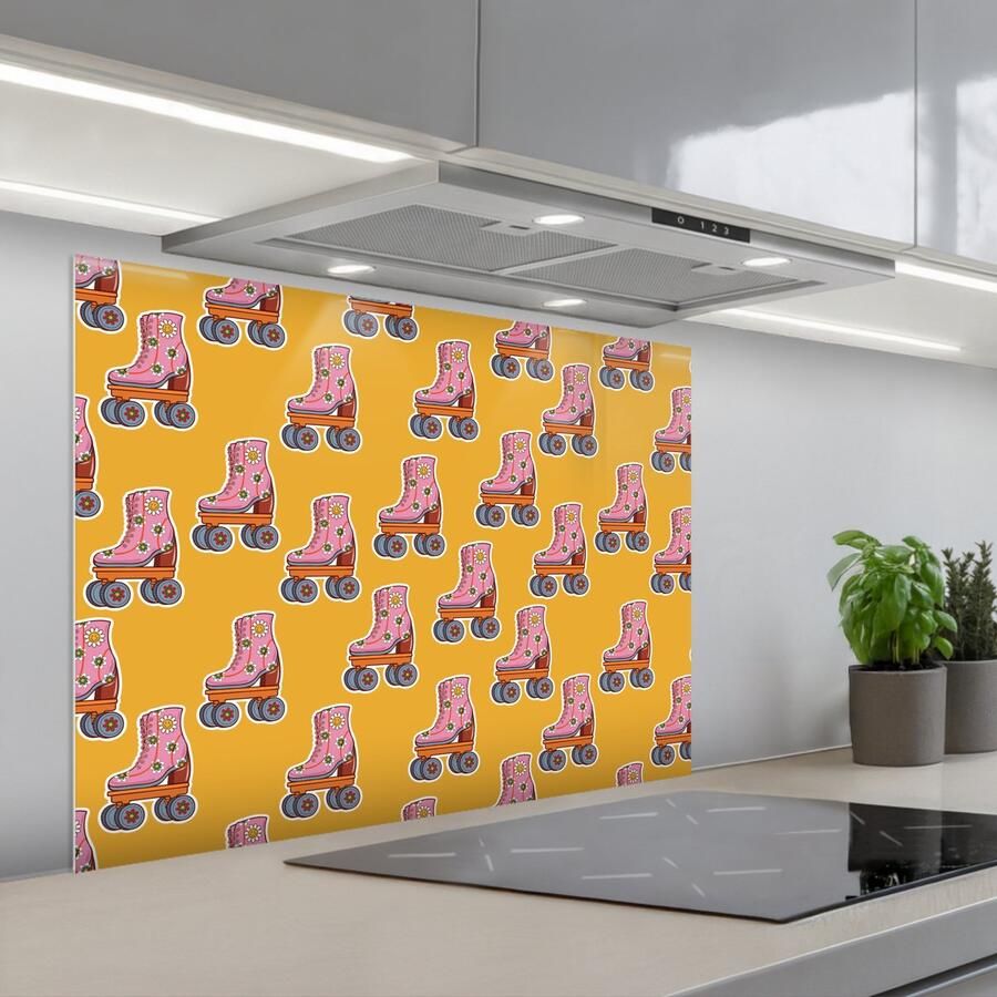 KitchenYeah Spatscherm 80x60 cm Zelfklevende achterwand Geel Rolschaatsen Patroon Keuken muurbeschermer Spatwand fornuis