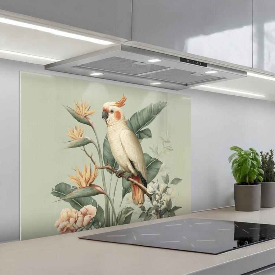 KitchenYeah Spatscherm 80x60 cm Zelfklevende achterwand Gele kuifkaketoe paradijsvogelbloemen Groen Keuken muurbeschermer Spatwand fornuis