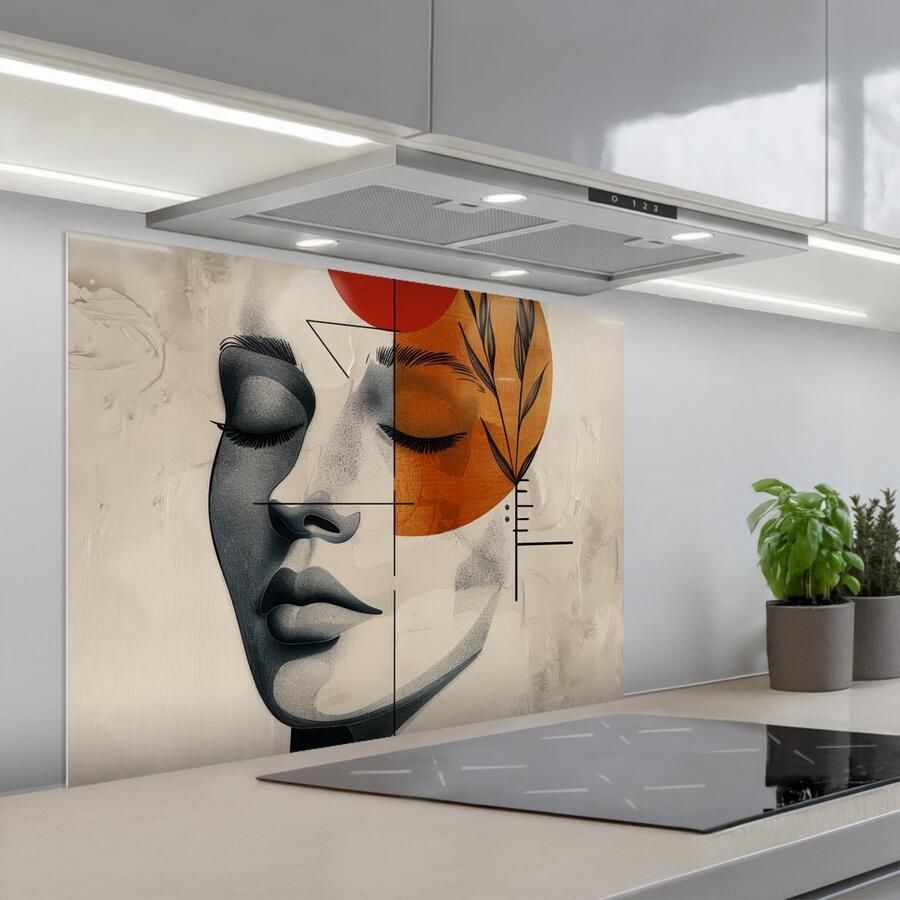 KitchenYeah Spatscherm 80x60 cm Zelfklevende achterwand Gezicht Cirkels Kunst Modern Keuken muurbeschermer Spatwand fornuis