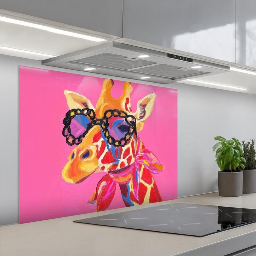 KitchenYeah Spatscherm 80x60 cm Zelfklevende achterwand Giraf Roze Bril Sjaal Keuken muurbeschermer Spatwand fornuis