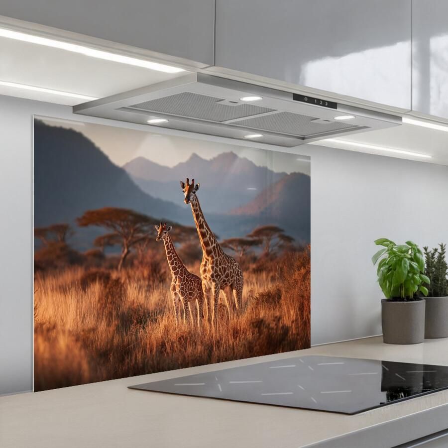 KitchenYeah Spatscherm 80x60 cm Zelfklevende achterwand Giraffen Hoog gras Acaciabomen Keuken muurbeschermer Spatwand fornuis