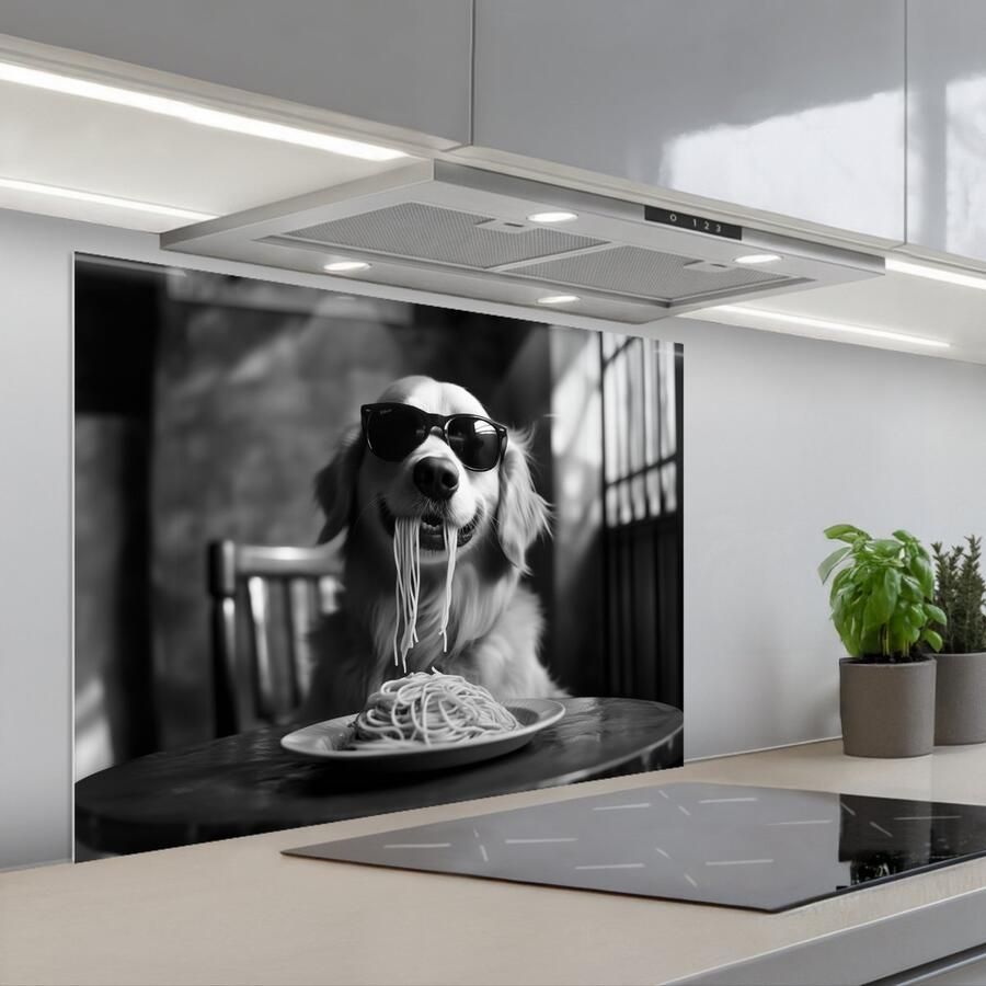 KitchenYeah Spatscherm 90x70 cm Zelfklevende achterwand Golden Retriever Hond Vrolijk Bord spaghetti Zwart wit Keuken muurbeschermer Spatwand fornuis
