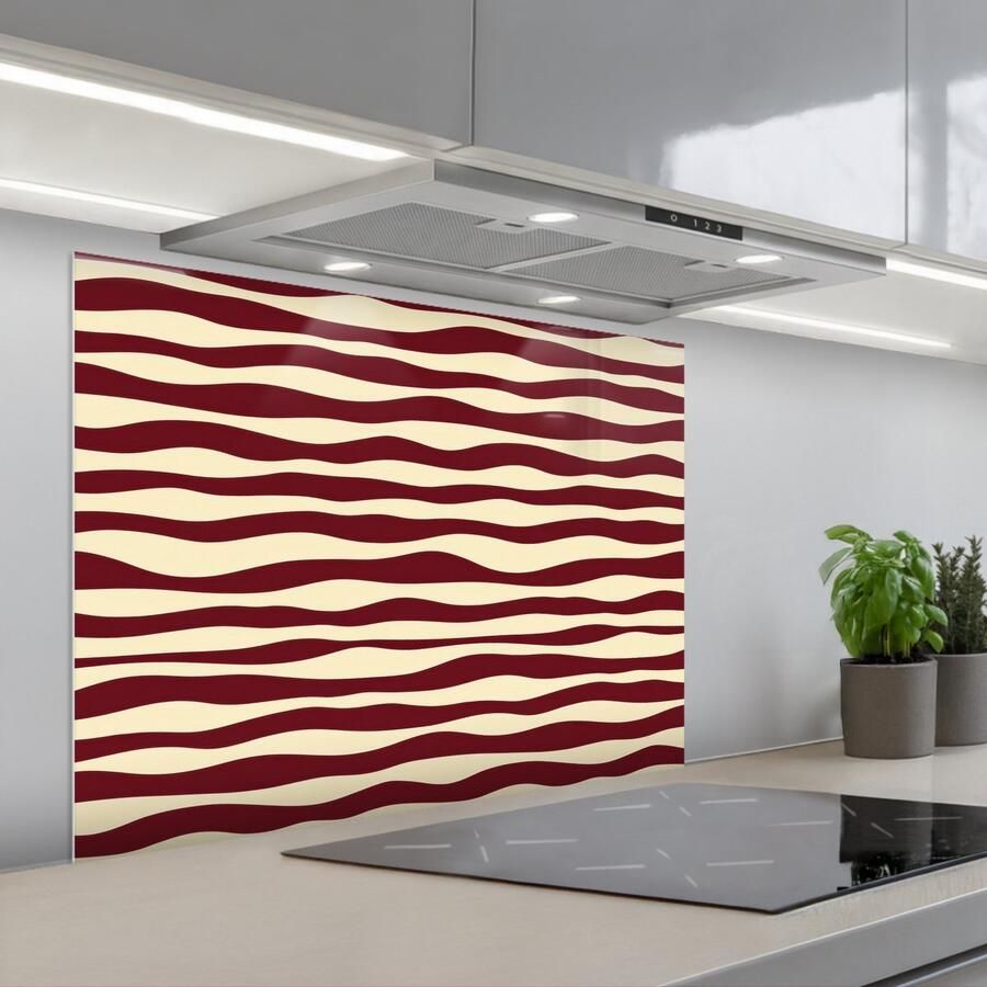 KitchenYeah Spatscherm 80x60 cm Zelfklevende achterwand Golven Rood Patroon Crème Keuken muurbeschermer Spatwand fornuis