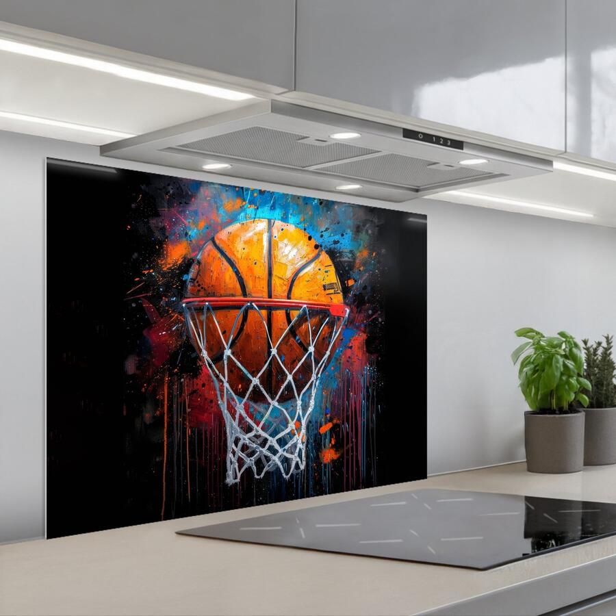 KitchenYeah Spatscherm 80x60 cm Zelfklevende achterwand Graffiti Basketbal Sport Zwart Street art Keuken muurbeschermer Spatwand fornuis