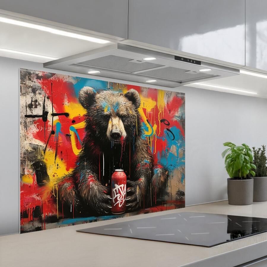KitchenYeah Spatscherm 80x60 cm Zelfklevende achterwand Graffiti Beer Dier Muur Street art Keuken muurbeschermer Spatwand fornuis