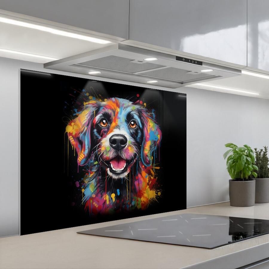 KitchenYeah Spatscherm 80x60 cm Zelfklevende achterwand Graffiti Hond Zwart Kleuren Keuken muurbeschermer Spatwand fornuis
