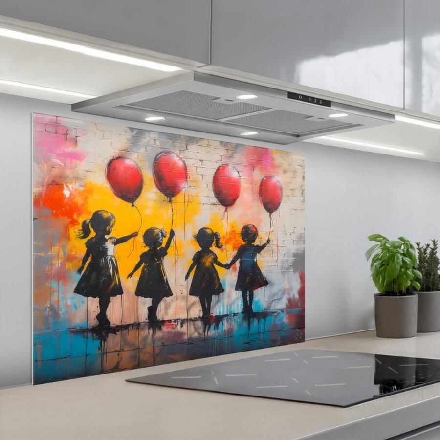 KitchenYeah Spatscherm 80x60 cm Zelfklevende achterwand Graffiti Kinderen Street art Ballon Banksy Style Keuken muurbeschermer Spatwand fornuis