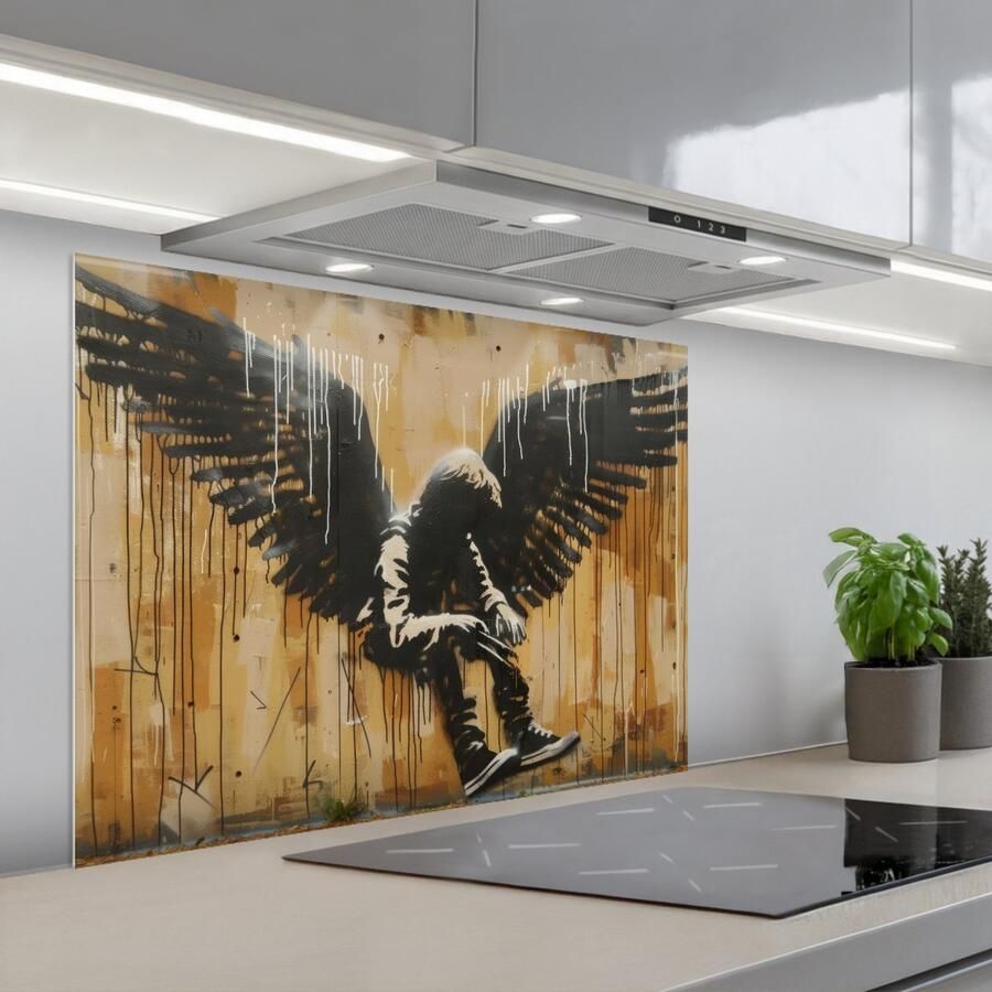 KitchenYeah Spatscherm 80x60 cm Zelfklevende achterwand Graffiti Kunst Vleugels Street art Banksy Style Keuken muurbeschermer Spatwand fornuis