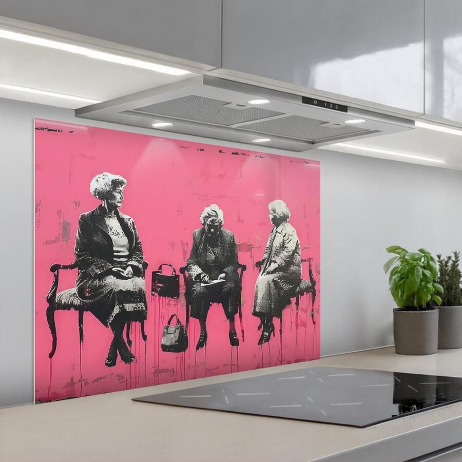 KitchenYeah Spatscherm 80x60 cm Zelfklevende achterwand Graffiti Roze Street art Vrouwen Keuken muurbeschermer Spatwand fornuis