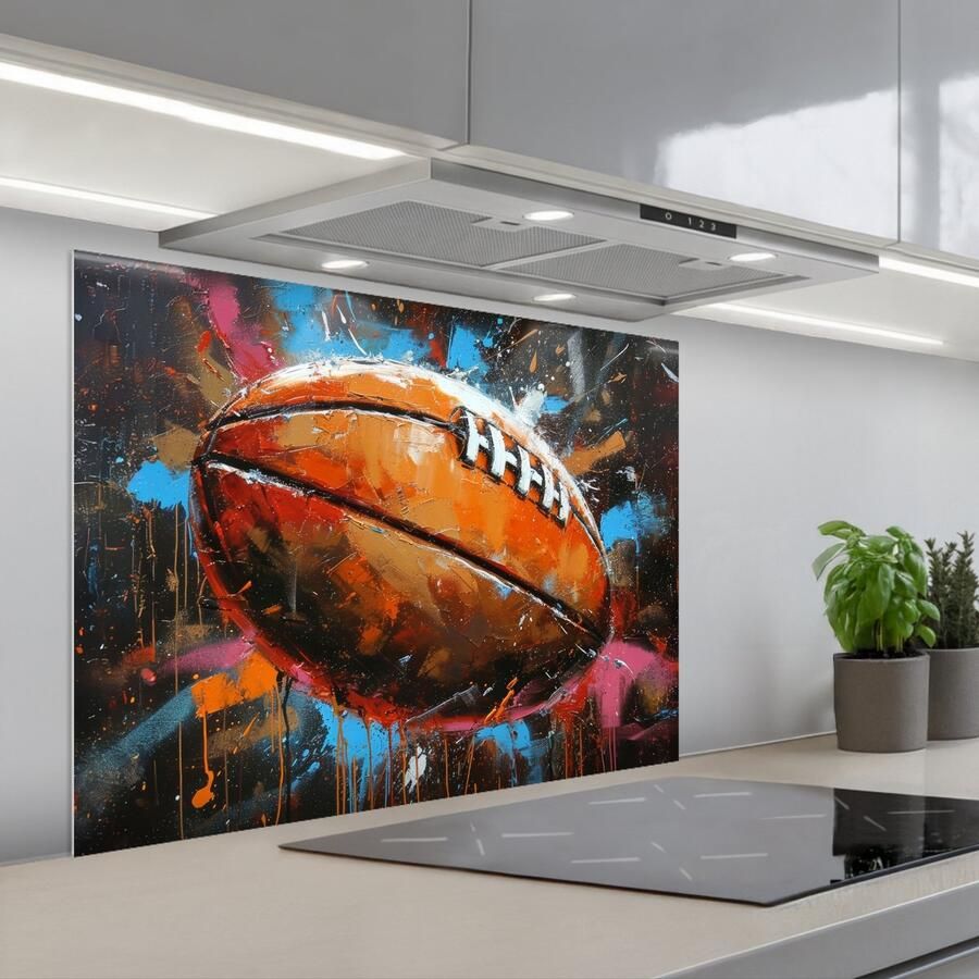 KitchenYeah Spatscherm 80x60 cm Zelfklevende achterwand Graffiti Rugby Kleurrijk Rugbybal Keuken muurbeschermer Spatwand fornuis
