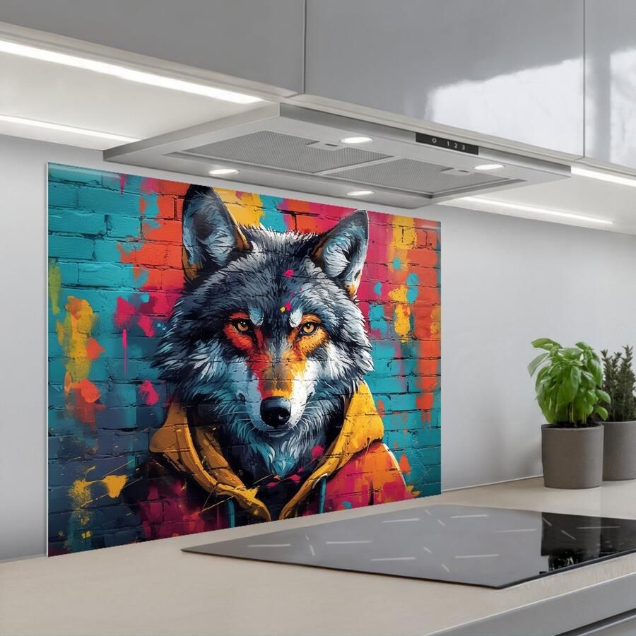 KitchenYeah Spatscherm 80x60 cm Zelfklevende achterwand Graffiti Wolf Street art Blauw Keuken muurbeschermer Spatwand fornuis