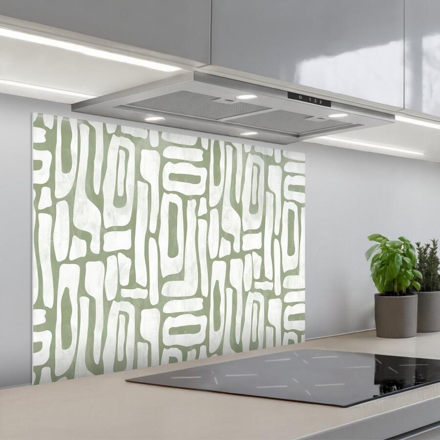 KitchenYeah Spatscherm 80x60 cm Zelfklevende achterwand Groen Wit Kronkelen Keuken muurbeschermer Spatwand fornuis