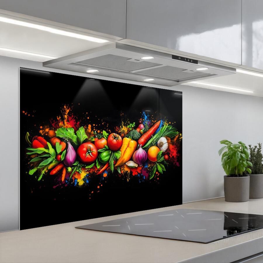 KitchenYeah Spatscherm 90x70 cm Zelfklevende achterwand Groente Eten Kruiden Graffiti Koken Keuken muurbeschermer Spatwand fornuis