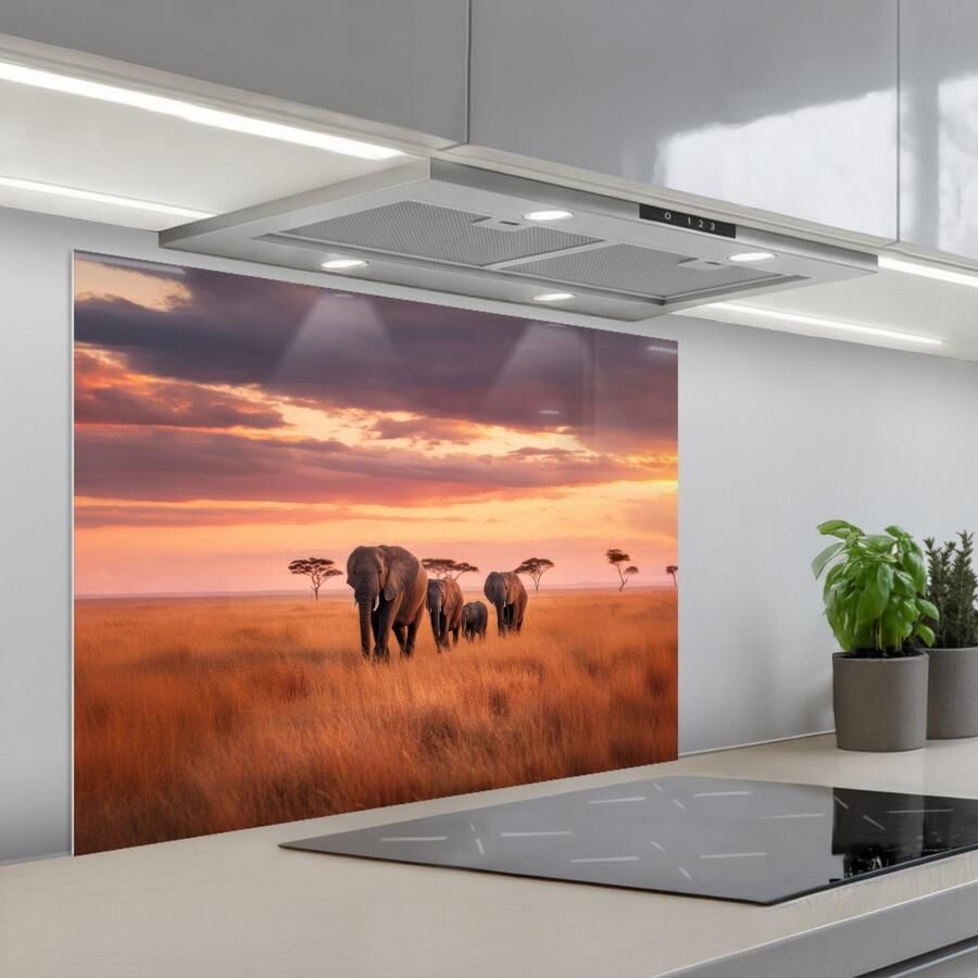 KitchenYeah Spatscherm 80x60 cm Zelfklevende achterwand Groep olifanten Open vlakte Zon Keuken muurbeschermer Spatwand fornuis