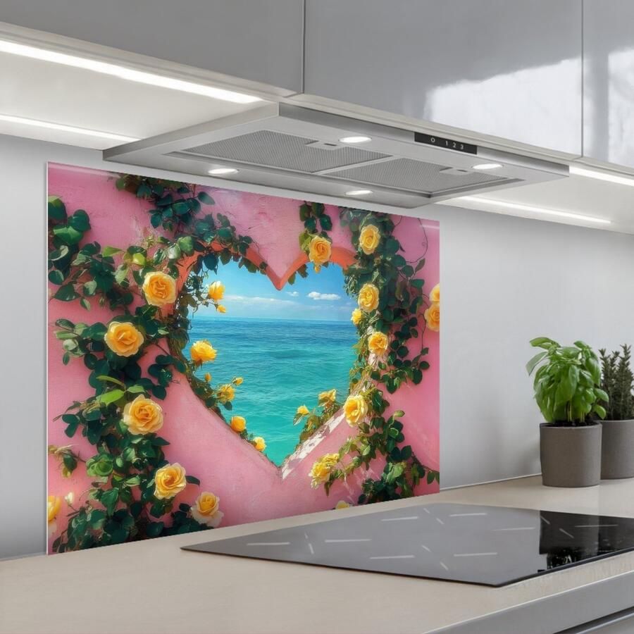 KitchenYeah Spatscherm 80x60 cm Zelfklevende achterwand Hart Zee Muur Keuken muurbeschermer Spatwand fornuis
