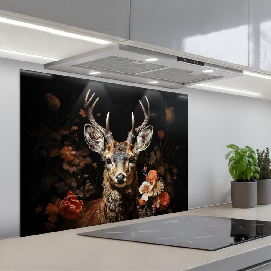 KitchenYeah Spatscherm 80x60 cm Zelfklevende achterwand Hert Dier Bloemen Natuur Botanisch Keuken muurbeschermer Spatwand fornuis
