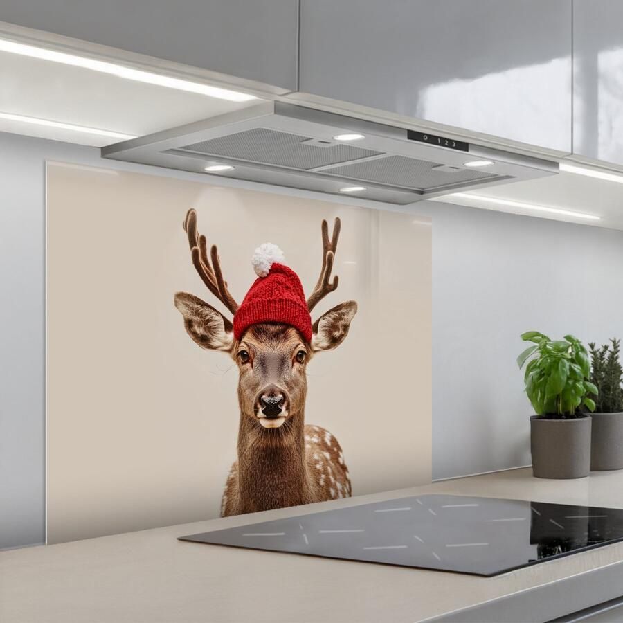 KitchenYeah Spatscherm 80x60 cm Zelfklevende achterwand Hert Kerst Muts Dieren Winter Grappig Keuken muurbeschermer Spatwand fornuis