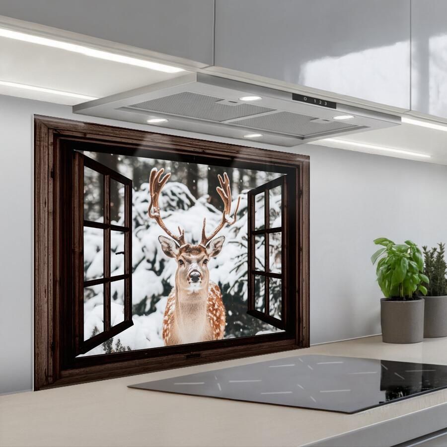 KitchenYeah Spatscherm 80x60 cm Zelfklevende achterwand Hert Sneeuw Winter Bos Dieren Doorkijk Keuken muurbeschermer Spatwand fornuis