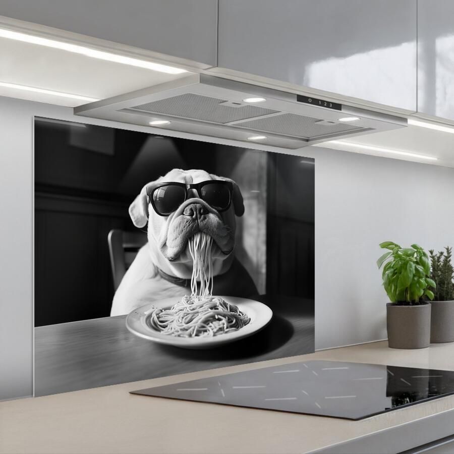 KitchenYeah Spatscherm 90x70 cm Zelfklevende achterwand Hond Bulldog Pasta Bril Stoer Dieren Keuken muurbeschermer Spatwand fornuis