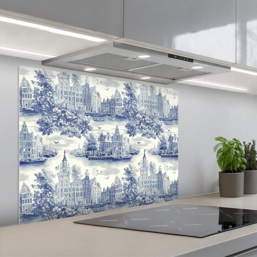 KitchenYeah Spatscherm 80x60 cm Zelfklevende achterwand Huizen Bomen Water Vogels Blauw Keuken muurbeschermer Spatwand fornuis