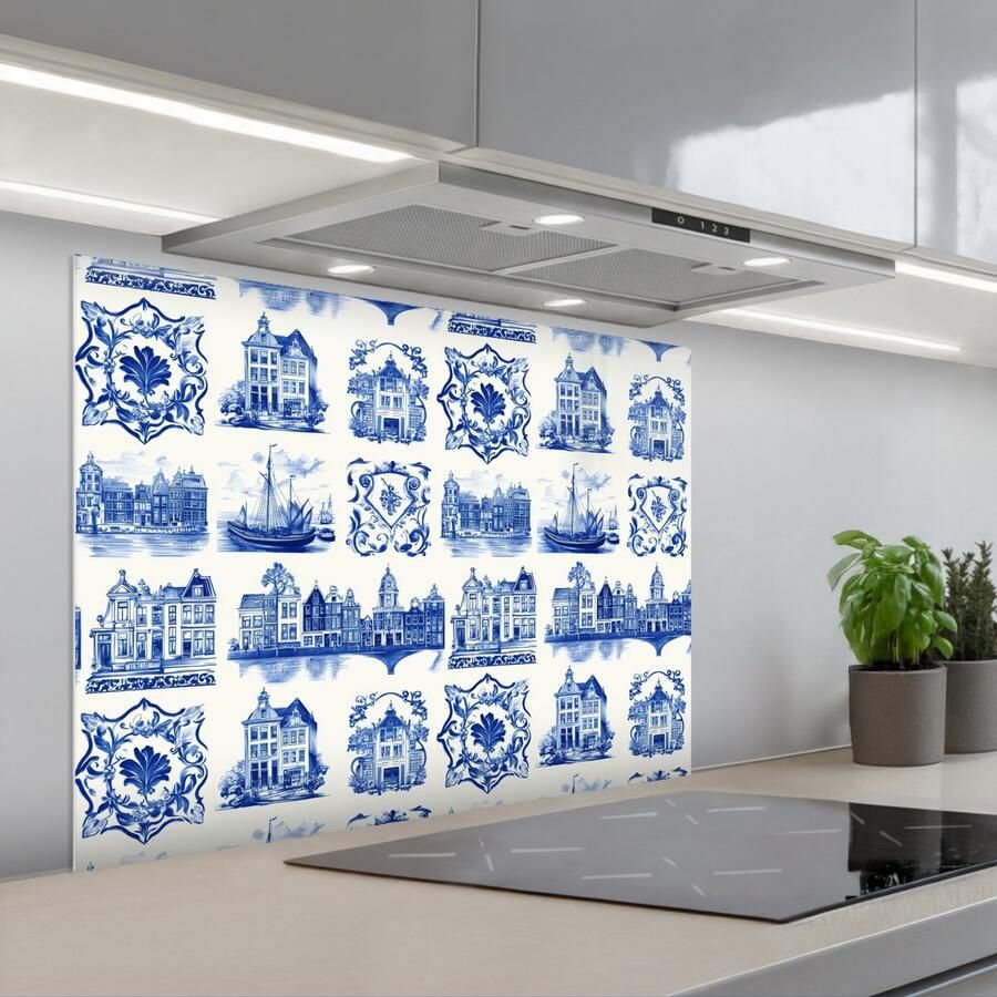KitchenYeah Spatscherm 80x60 cm Zelfklevende achterwand Huizen Schepen Blauw Keuken muurbeschermer Spatwand fornuis