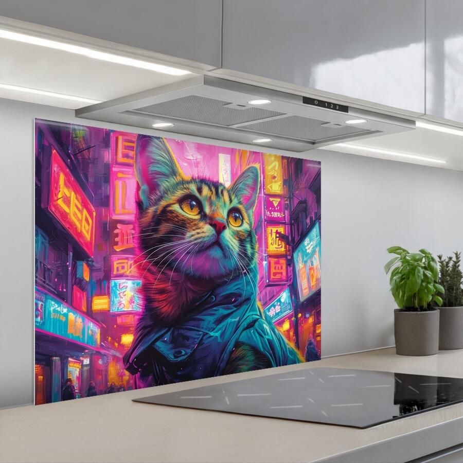 KitchenYeah Spatscherm 80x60 cm Zelfklevende achterwand Kat Pop art China Neon Stad Keuken muurbeschermer Spatwand fornuis