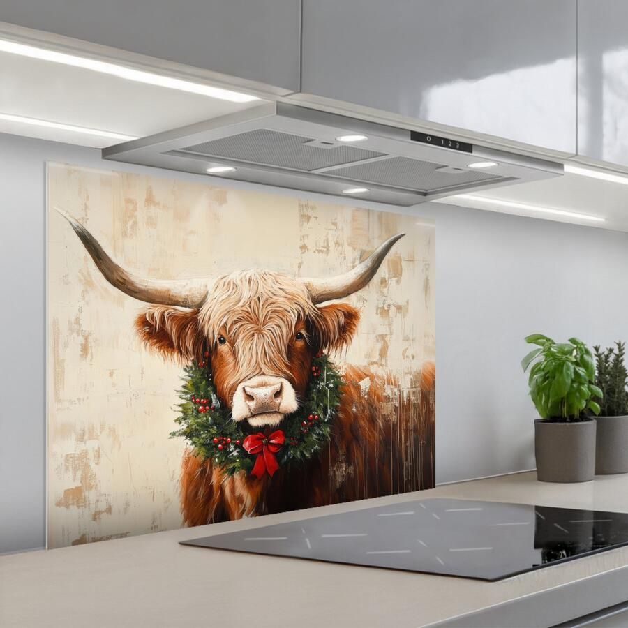 KitchenYeah Spatscherm 80x60 cm Zelfklevende achterwand Kerst Schotse Hooglander Bruin Krans Keuken muurbeschermer Spatwand fornuis