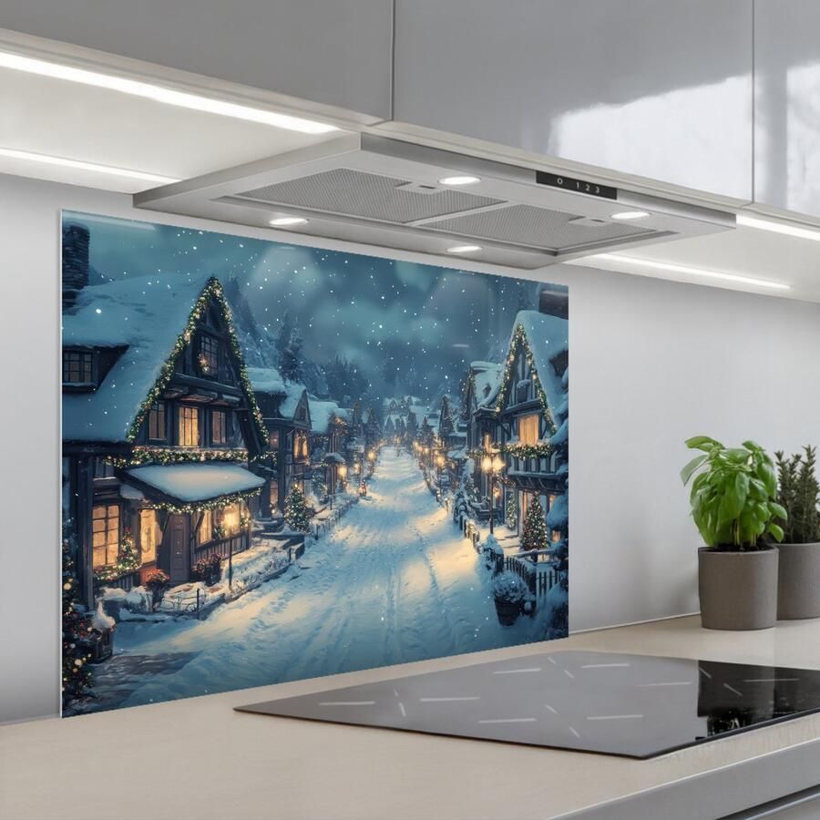 KitchenYeah Spatscherm 90x70 cm Zelfklevende achterwand Kerstdorp Kerst Sneeuw Winter Keuken muurbeschermer Spatwand fornuis