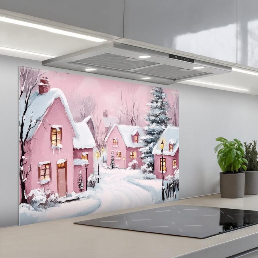 KitchenYeah Spatscherm 90x70 cm Zelfklevende achterwand Kerstdorp Roze Winter Sneeuw Huizen Keuken muurbeschermer Spatwand fornuis