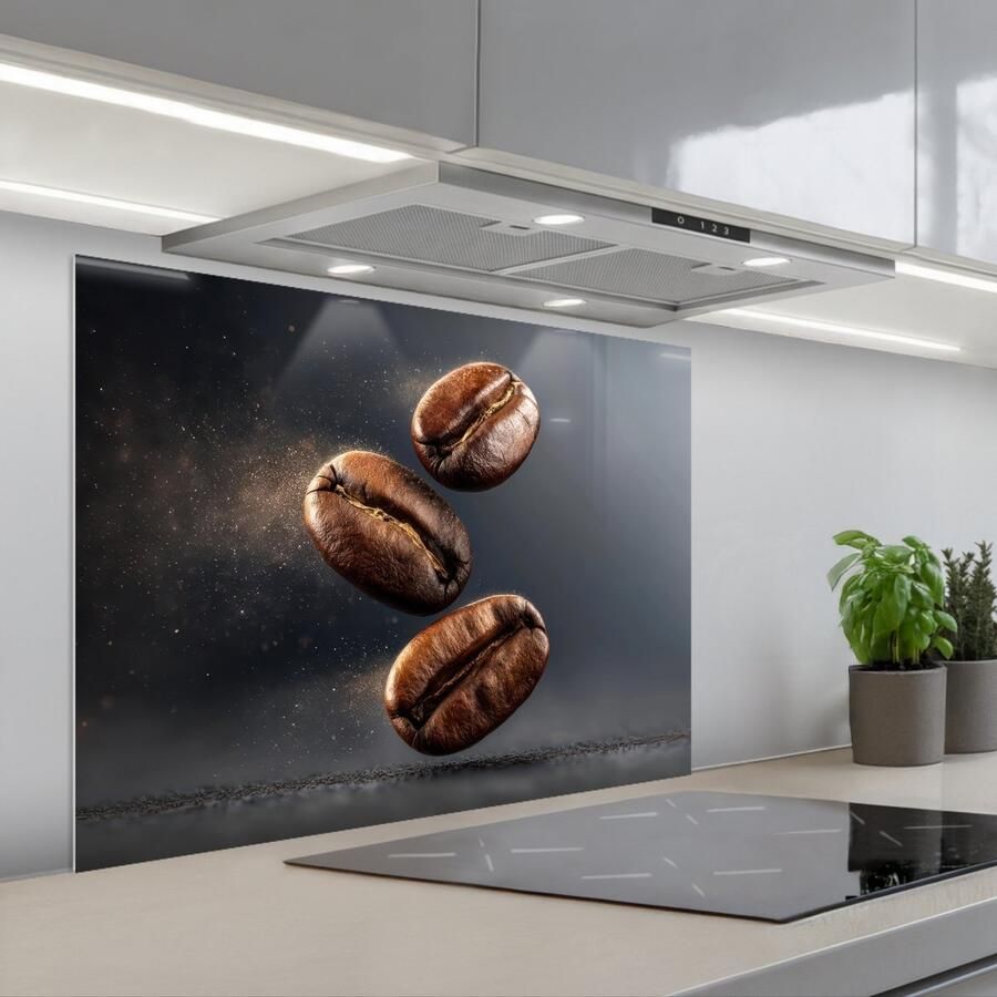 KitchenYeah Spatscherm 80x60 cm Zelfklevende achterwand Koffiebonen Zwevend Grijs Keuken muurbeschermer Spatwand fornuis