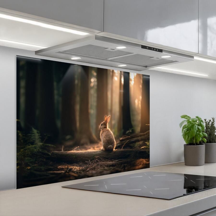 KitchenYeah Spatscherm 80x60 cm Zelfklevende achterwand Konijn Bos Zonnestralen Keuken muurbeschermer Spatwand fornuis