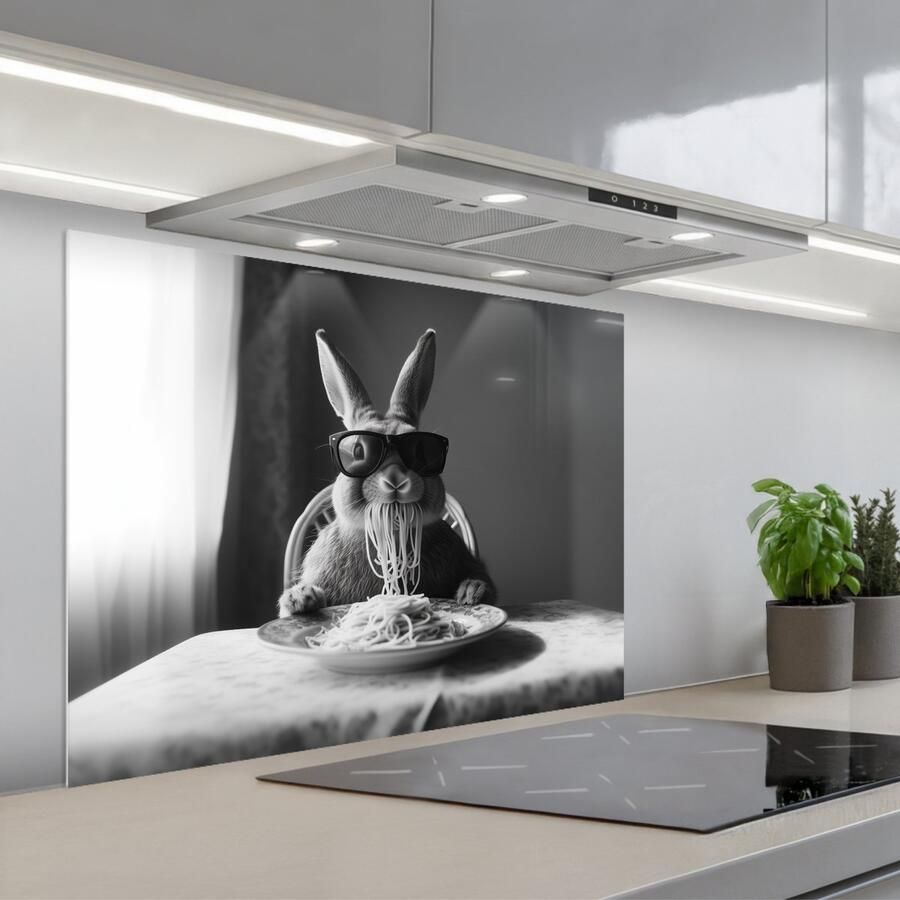 KitchenYeah Spatscherm 90x70 cm Zelfklevende achterwand Konijn Bunny Zonnebril Tafelkleed Pasta Schattig Keuken muurbeschermer Spatwand fornuis
