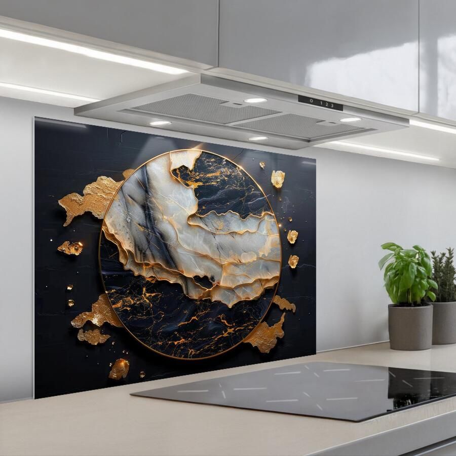 KitchenYeah Spatscherm 80x60 cm Zelfklevende achterwand Kunst Goud Zwart Modern Abstract Keuken muurbeschermer Spatwand fornuis