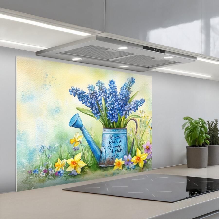 KitchenYeah Spatscherm 80x60 cm Zelfklevende achterwand Lavendelbloemen Quote Gieter Keuken muurbeschermer Spatwand fornuis