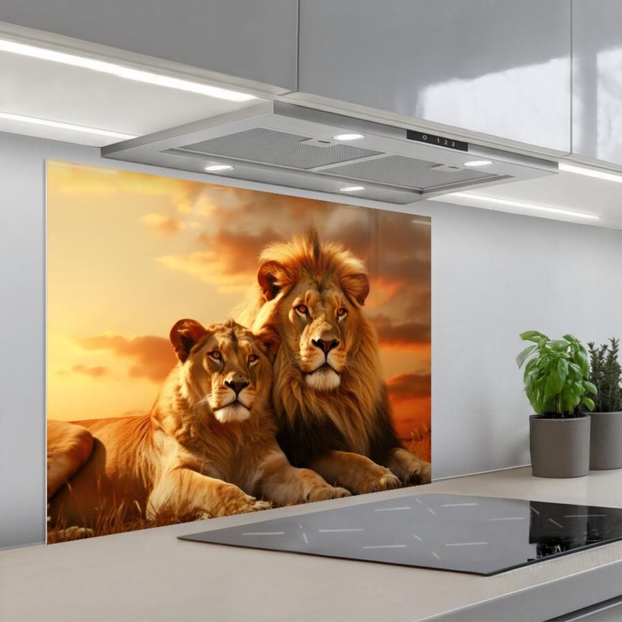 KitchenYeah Spatscherm 80x60 cm Zelfklevende achterwand Leeuwen Zonsondergang Afrika Savanne Dieren Keuken muurbeschermer Spatwand fornuis