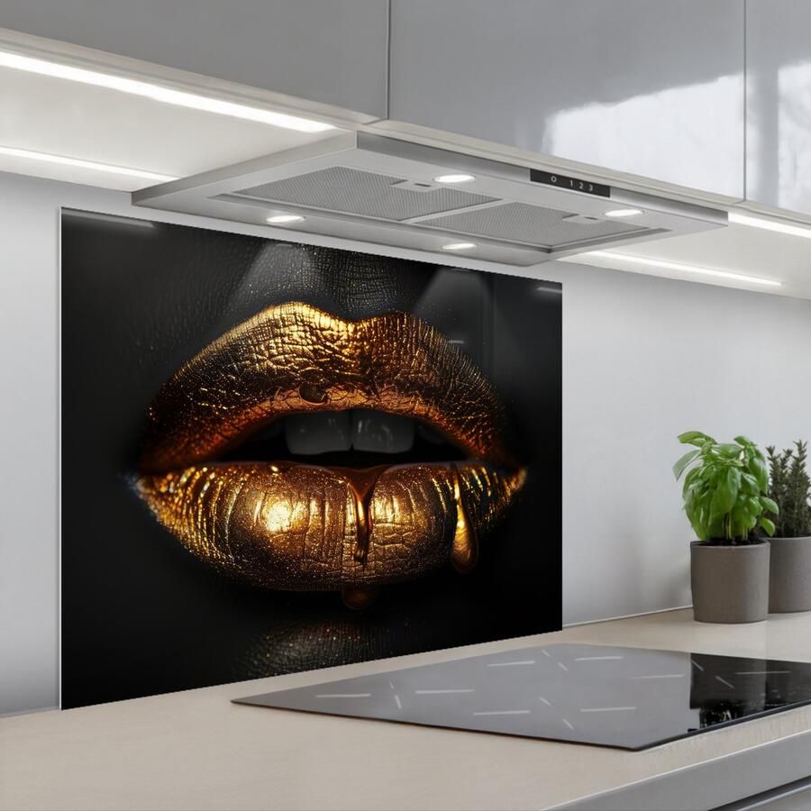 KitchenYeah Spatscherm 90x70 cm Zelfklevende achterwand Lippen Goud Abstract Zwart Aesthetic Keuken muurbeschermer Spatwand fornuis