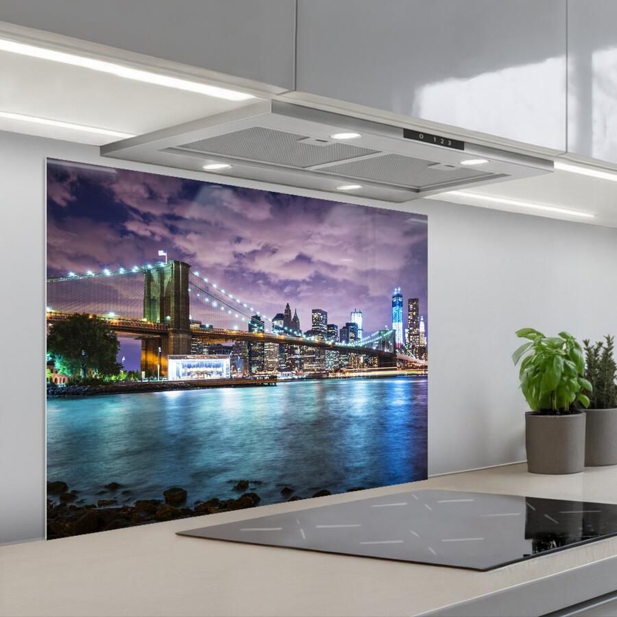 KitchenYeah Spatscherm 90x70 cm Zelfklevende achterwand New York Skyline Stad Kleuren Keuken muurbeschermer Spatwand fornuis