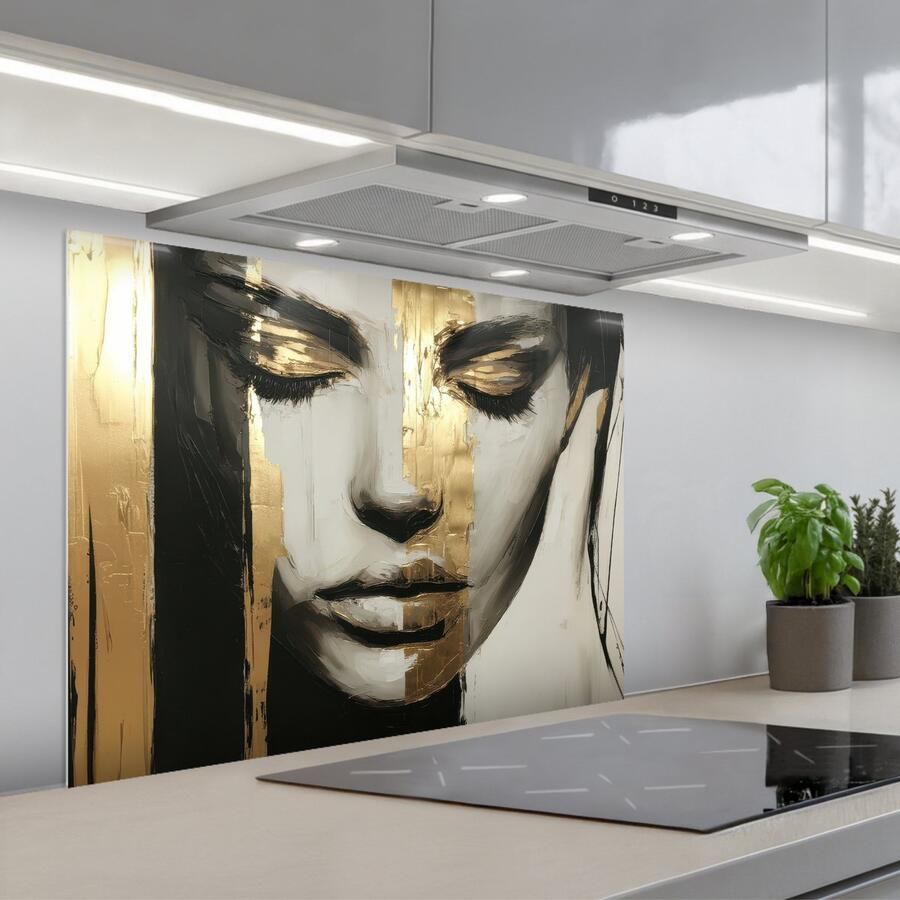 KitchenYeah Spatscherm 80x60 cm Zelfklevende achterwand Ogen Gezicht Goud Strepen Keuken muurbeschermer Spatwand fornuis