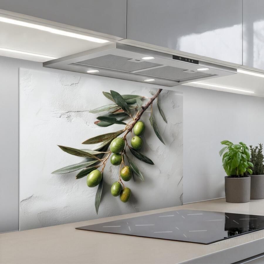 KitchenYeah Spatscherm 80x60 cm Zelfklevende achterwand Olijventak Beton print Mediterraan Keuken muurbeschermer Spatwand fornuis