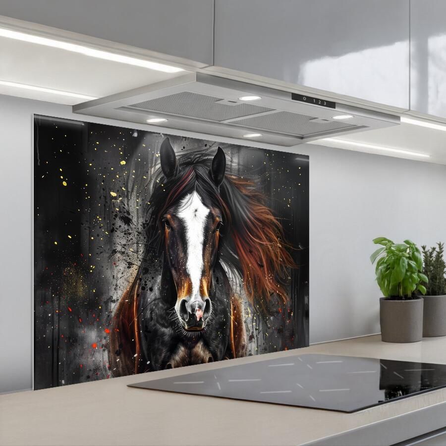 KitchenYeah Spatscherm 80x60 cm Zelfklevende achterwand Paard Dieren Zwart Luxe Modern Keuken muurbeschermer Spatwand fornuis