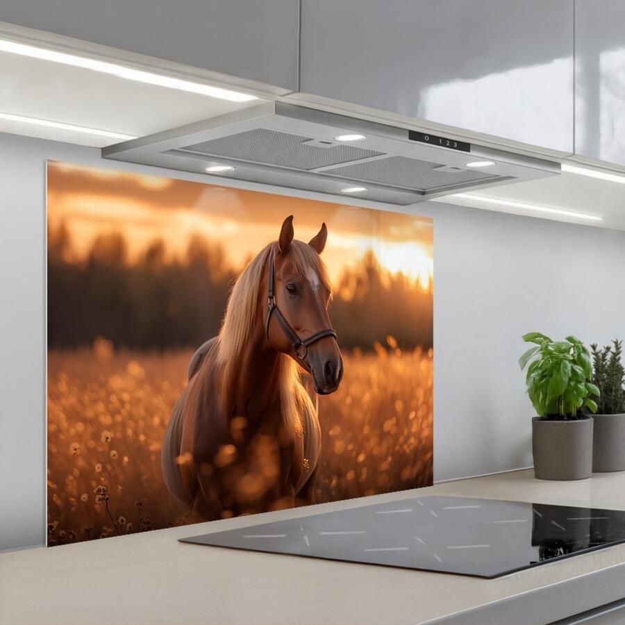 KitchenYeah Spatscherm 80x60 cm Zelfklevende achterwand Paard Natuur Dier Bruin Dieren portret Keuken muurbeschermer Spatwand fornuis