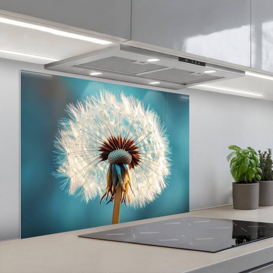 KitchenYeah Spatscherm 90x70 cm Zelfklevende achterwand Paardenbloem Natuur Bloemen Blauw Keuken muurbeschermer Spatwand fornuis
