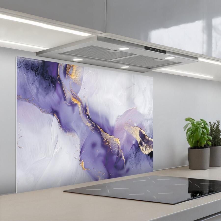KitchenYeah Spatscherm 80x60 cm Zelfklevende achterwand Paars Modern Marmer print Abstract Keuken muurbeschermer Spatwand fornuis