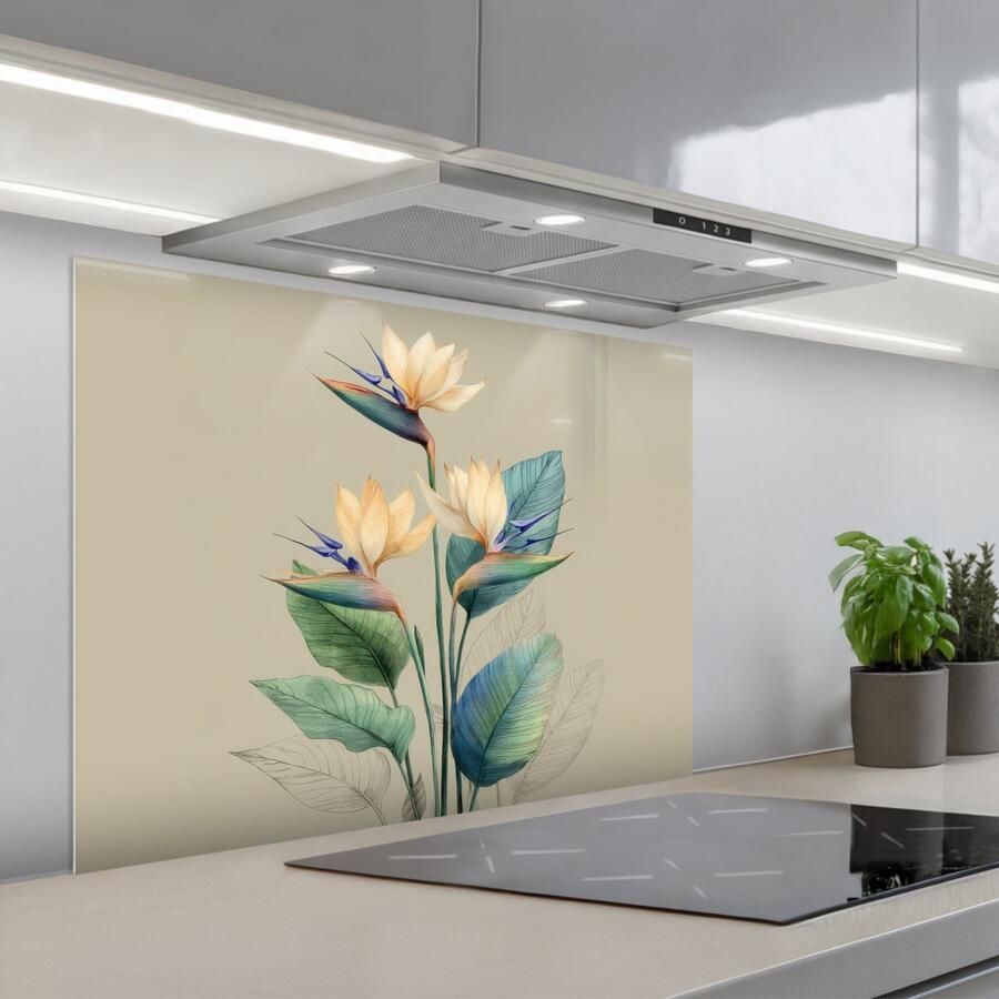 KitchenYeah Spatscherm 80x60 cm Zelfklevende achterwand Paradijsvogelbloemen Blauwgroene bladeren Beige Keuken muurbeschermer Spatwand fornuis